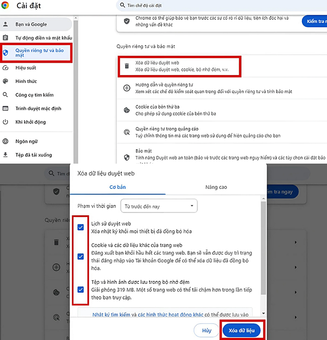 Xóa bộ nhớ cache và Cookies Xóa bộ nhớ cache và Cookies